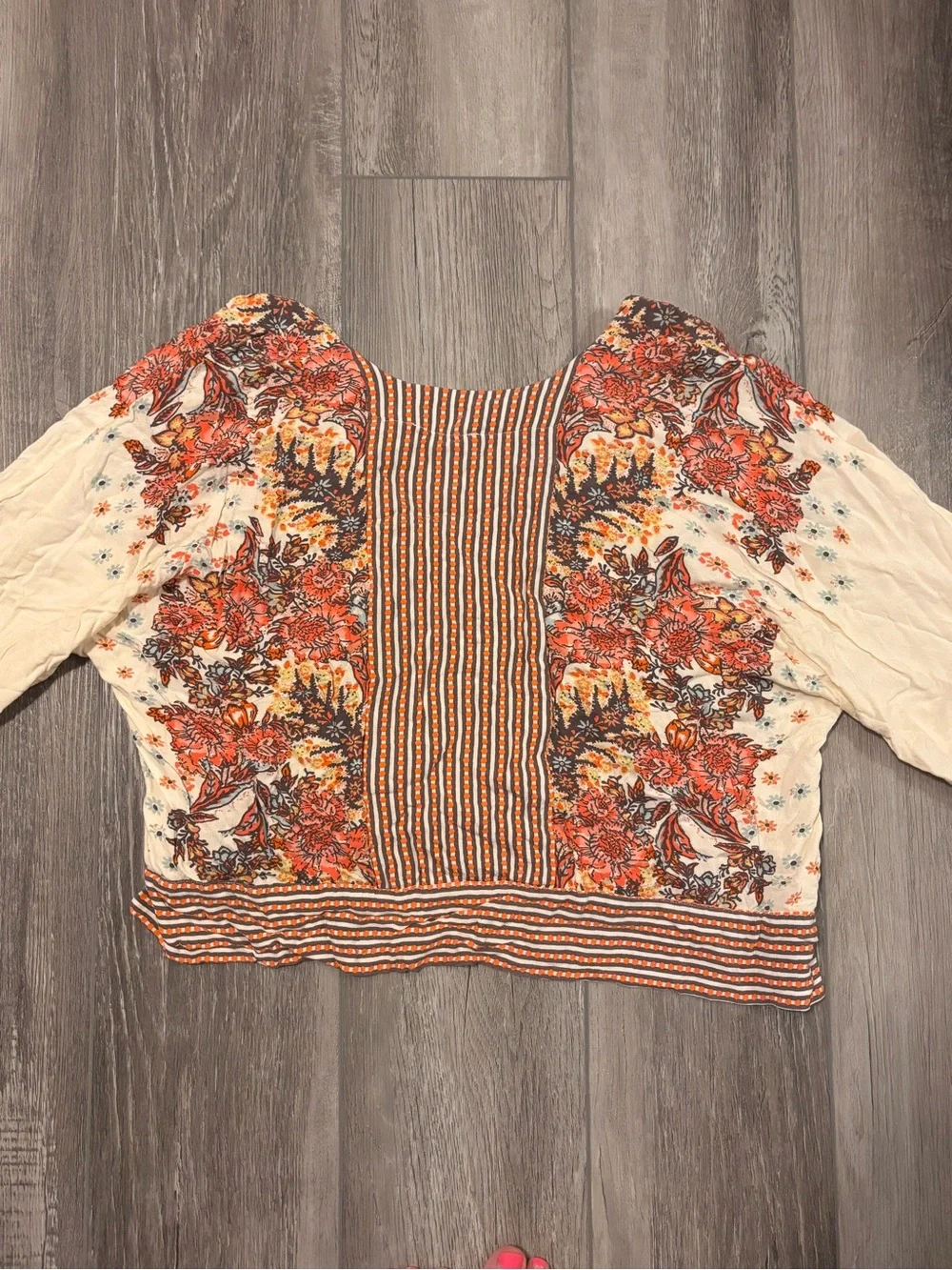 Free People Cream Floral Boho Peasant Top with Rust and Brown Accents